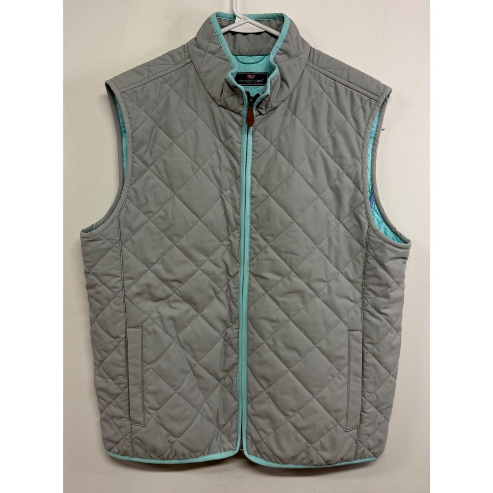 Vineyard Vines Mens Large Gray Quilted Vest Turquoise Trim Full Zip Mock Neck